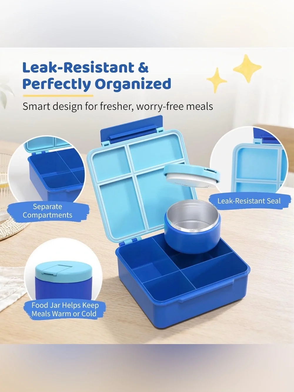 Lunch Box with 8oz Thermo, Leakproof Lunch Food Containers with 4 Compartment